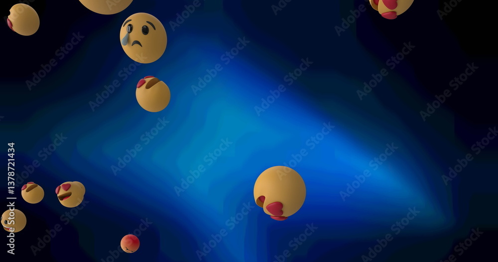 Poster digital image of multiple face emojis floating against blue background
