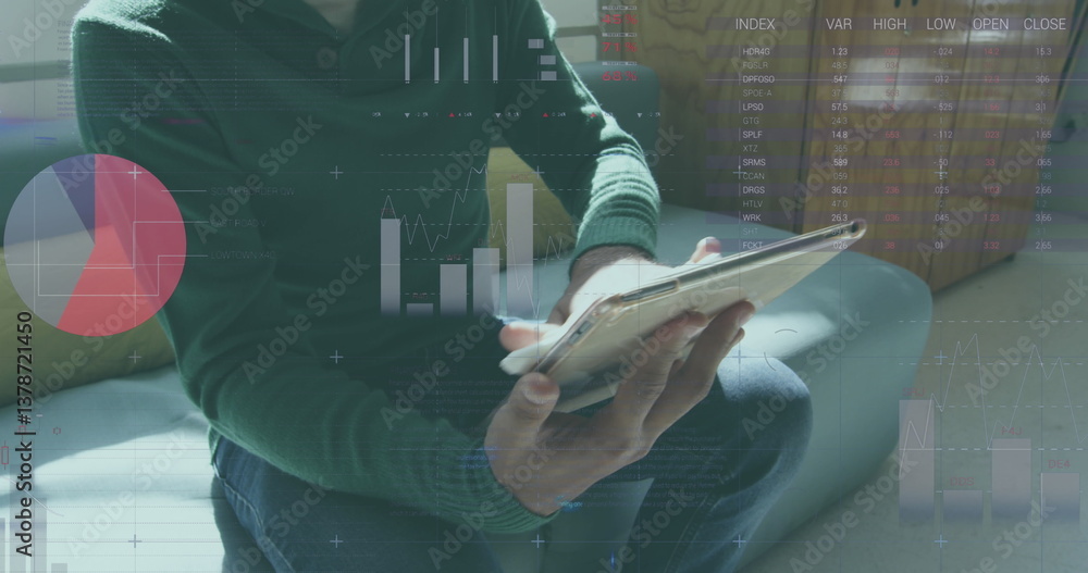 Poster statistical data processing against man using digital tablet at office