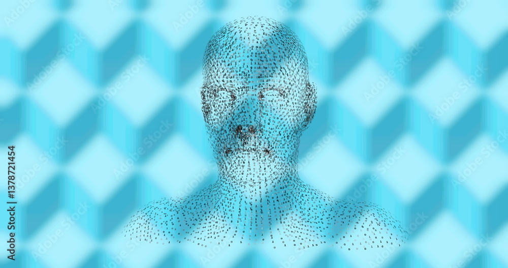 Poster image of human head formed with binary coding spinning over patterned blue background