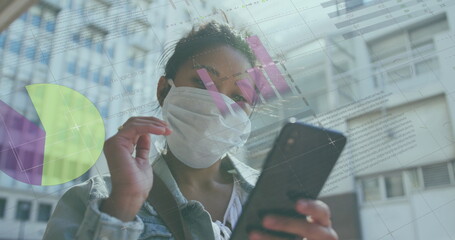 Image of financial data processing over businesswoman using smartphone