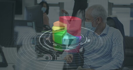 Statistical data processing against caucasian senior man wearing face mask sitting on desk at office