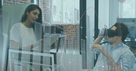 Image of financial data processing over businessman using vr headset