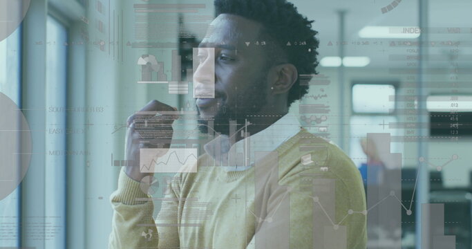 Image of financial data processing over businessman thinking in office