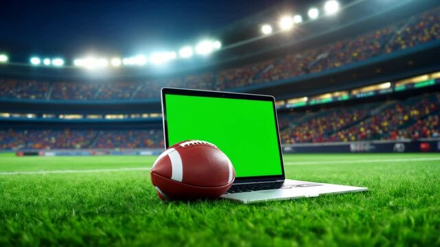 Laptop with green screen beside American football on stadium grass at night. Perfect for sports betting, streaming service promos, or fantasy league mockups. Sports meet tech. 4k 60 fps.