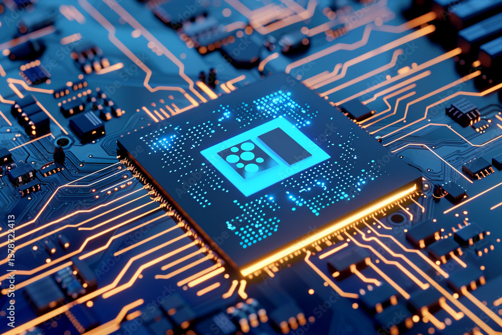 Poster innovative microprocessor design showcased on a circuit board with intricate details and glowing ele