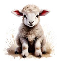 Cute baby lamb in a watercolor-style digital illustration. The fluffy sheep sits on grass with a white background, perfect for Easter, greeting cards, and farm-themed designs.