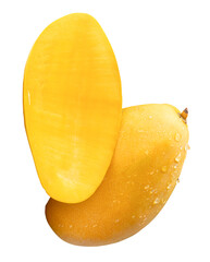 Single ripe yellow mango fruit with half and water droplets in stack isolated on white background with clipping path
