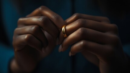 Dark skinned hands gently hold a gold ring