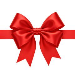 Fototapeta premium Red Satin Bow Gift Ribbon - Festive Decoration with Shiny Fabric and Symmetrical Design
