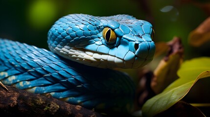 Close-up on the face of a blue viper snake. dangerous, poison, fast, fauna, monster, mythology, oriental, photography, power, scale, skin, tattoo, tongue, angry, china, cobra, color image