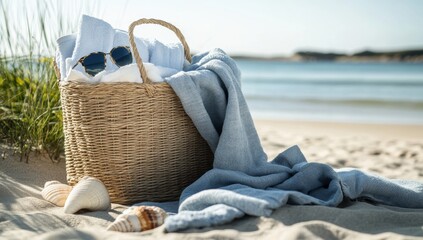 Woven beach basket filled with light blue towels and blanket
