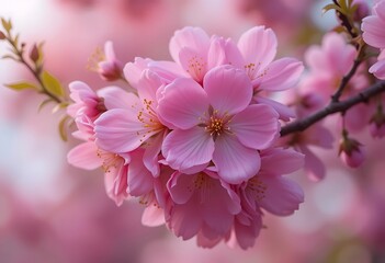 Fototapeta premium A close up view of beautiful pink cherry blossoms on a branch in soft focus light and pastel colors