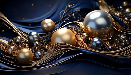 Luxurious gold and silver spheres nestled in rich blue silk waves elegant abstract art dark