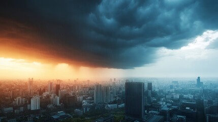 Fototapeta premium Dramatic Cityscape: A breathtaking view of a city skyline under a stormy sky, where dark, ominous clouds clash with a vibrant sunset, creating a scene of dramatic contrast.
