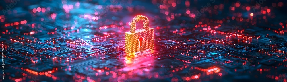 Poster glowing padlock embedded in vibrant cybersecurity circuit board