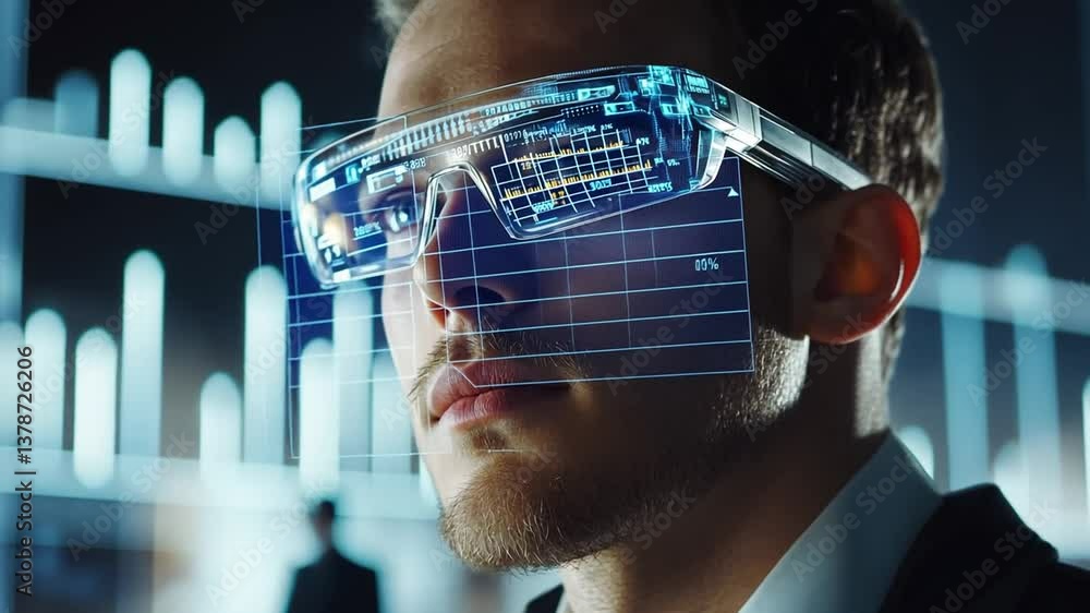 Aufkleber man wearing augmented reality glasses analyzing financial data with advanced technology