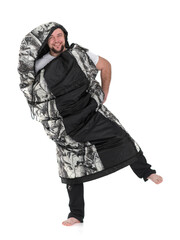 A man in a sleeping bag. Isolated on white background