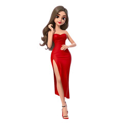 Fototapeta premium Brunette fashion model in a red dress and heels posing in the studio, a slim and glamorous lady with a smile, long hair, love, 3d rendering