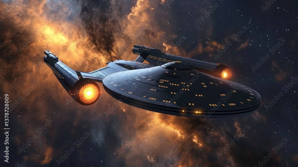 Poster a spaceship traveling through vast open space with stars surrounding it.