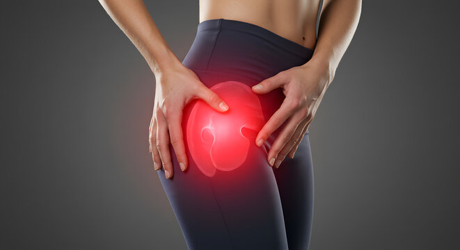 Woman in sportswear with highlighted hip pain, anatomical overlay