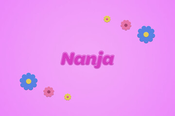 Nanja female girl name illustration in pink with blossoms, flowers