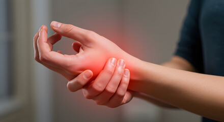 Woman Holding Sore Wrist, Red Pain Highlight, Close-up