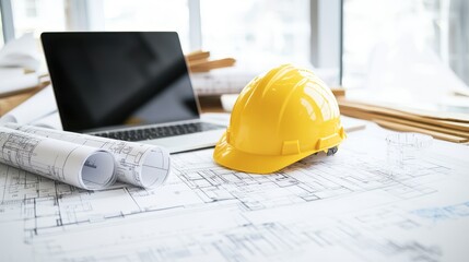 Architect's desk with plans, laptop, and helmet