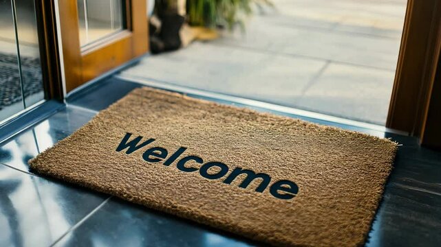 A door mat with a welcome message is placed at the entrance of a modern building, inviting guests inside during daylight