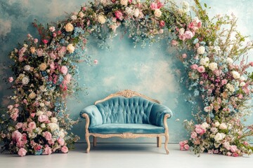 A vintage blue settee surrounded by a floral archway arrangement