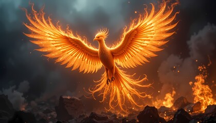 Fiery Phoenix Rising from Ashes, Mythical phoenix bird in flames, rebirth, power