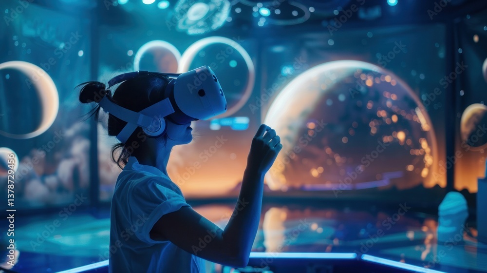 Poster a futuristic vr space simulator with a person exploring distant planets.