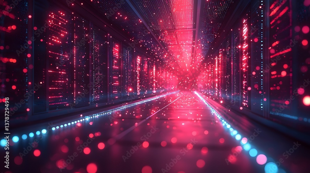 Poster futuristic data center with advanced cybersecurity systems represented by light based protective bar