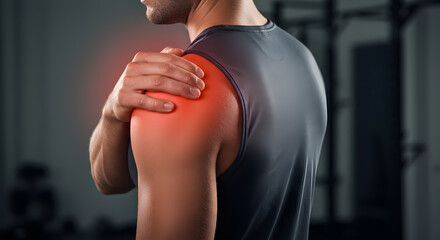 Man experiencing shoulder pain, red highlight, gym background