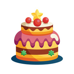 Vibrant cake with layered frosting and fruit candy toppings vector illustration isolated on white background