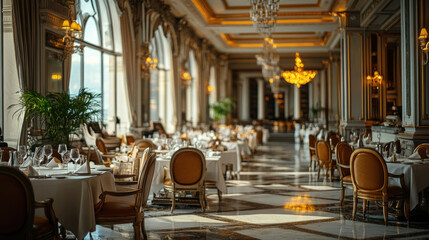Luxury restaurant interior with classic furniture, white tablecloths, elegant table setting and warm ambient lighting. Banner with copy space