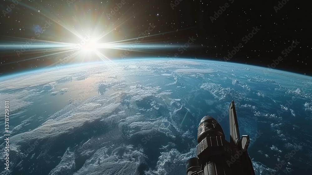 Poster a space shuttle in orbit around earth with a view of the planet's surface.