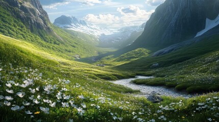 Fototapeta premium Idyllic alpine valley with wildflowers and a winding stream beneath snowy peaks