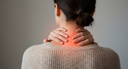 Woman Massaging Sore Neck, Back View, Pain Indication