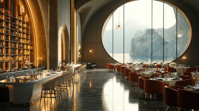 Luxury restaurant interior with classic furniture, white tablecloths, elegant table setting and warm ambient lighting. Banner with copy space