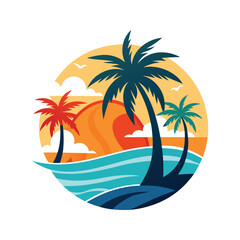 Vibrant tropical beach design with palm trees and waves vector illustration isolated on white background