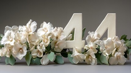 White number forty-four with flowers.