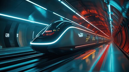 A futuristic train illuminated inside a glowing tunnel environment is present