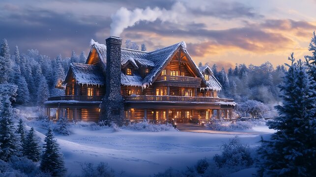An elegant wooden lodge with intricate details, warmly illuminated in a winter wonderland, surrounded by frosted evergreens, smoke drifting from the chimney, twilight sky with gentle flurries, 32k