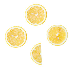 Top view set of fresh ripe yellow lemon fruits in halves and slice or quarter isolated on white background with clipping path