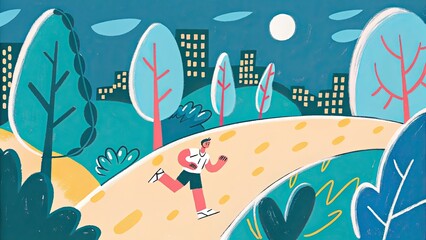 Person jogging joyfully in a city park at night  