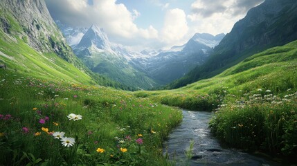 Idyllic alpine valley with wildflowers and stream, a serene natural landscape