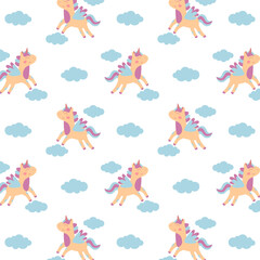 Seamless vector pattern with cute flying unicorns and soft blue clouds on a white background. Perfect for kids decor and fabric designs.
