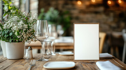 Close-up of blank restaurant menu on a rustic wooden table with wine glass, white flowers, and elegant table setting. Banner with copy space