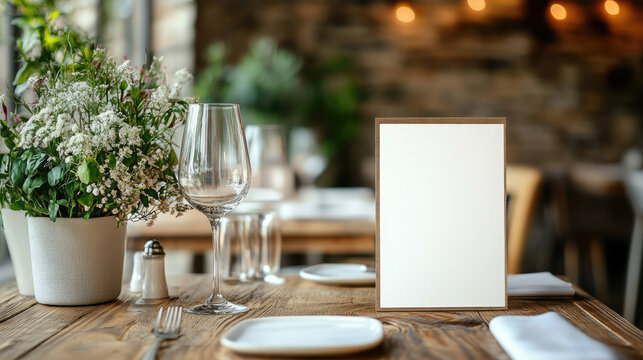 Close-up of blank restaurant menu on a rustic wooden table with wine glass, white flowers, and elegant table setting. Banner with copy space