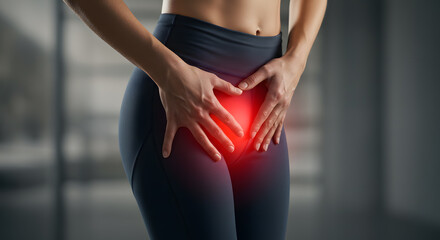 Woman in Sportswear Experiencing Pelvic Pain, Red Highlight